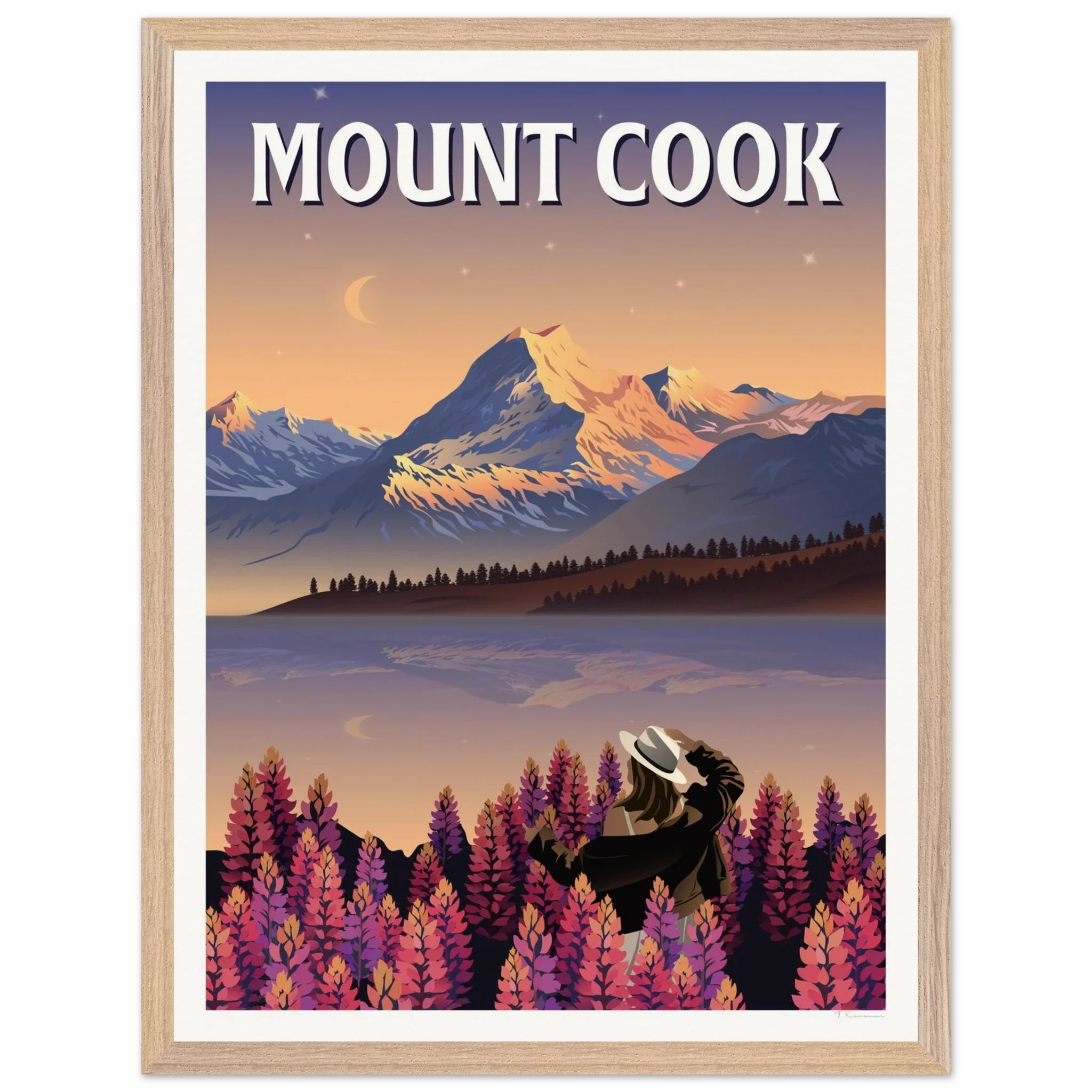 Mount Cook Lupins Travel Poster - Canterbury, New Zealand