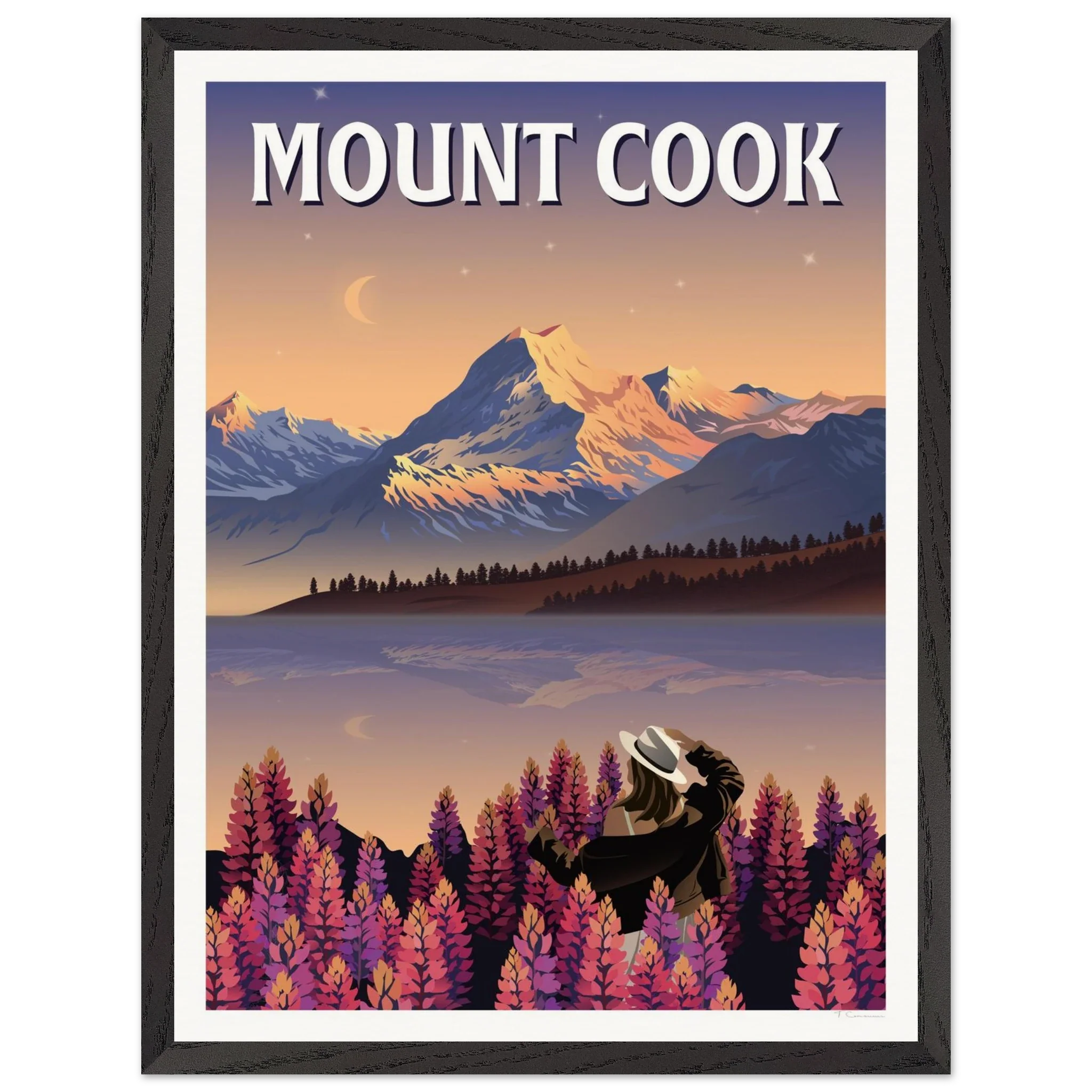 Mount Cook Lupins Travel Poster - Canterbury, New Zealand