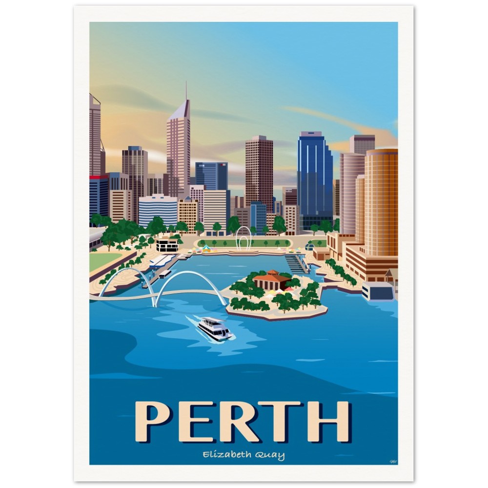 Vintage travel poster of Elizabeth Quay in Perth, Western Australia. Artists Tiffany consumi