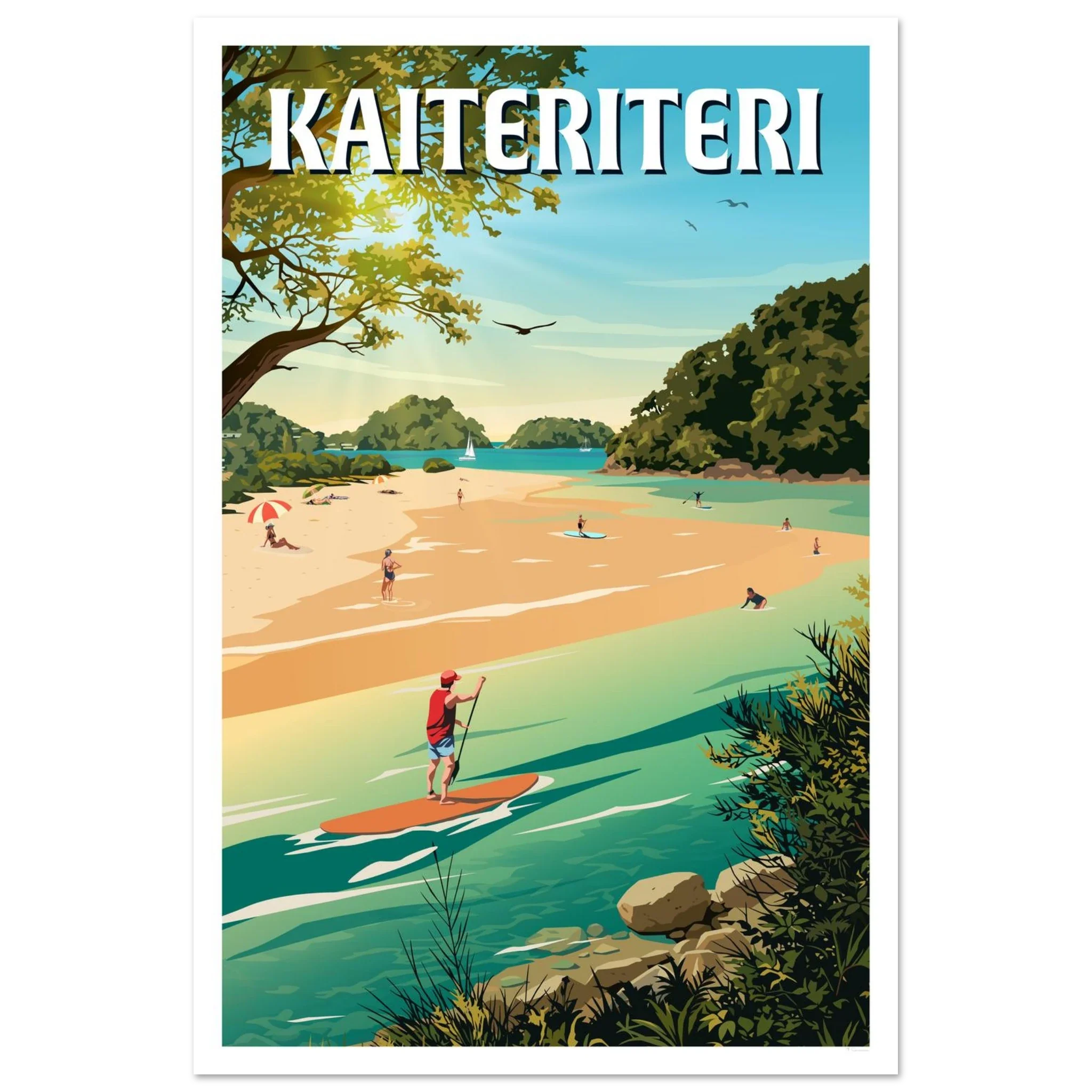 Vintage-style poster of Kaiteriteri New Zealand by Tiffany Consumi