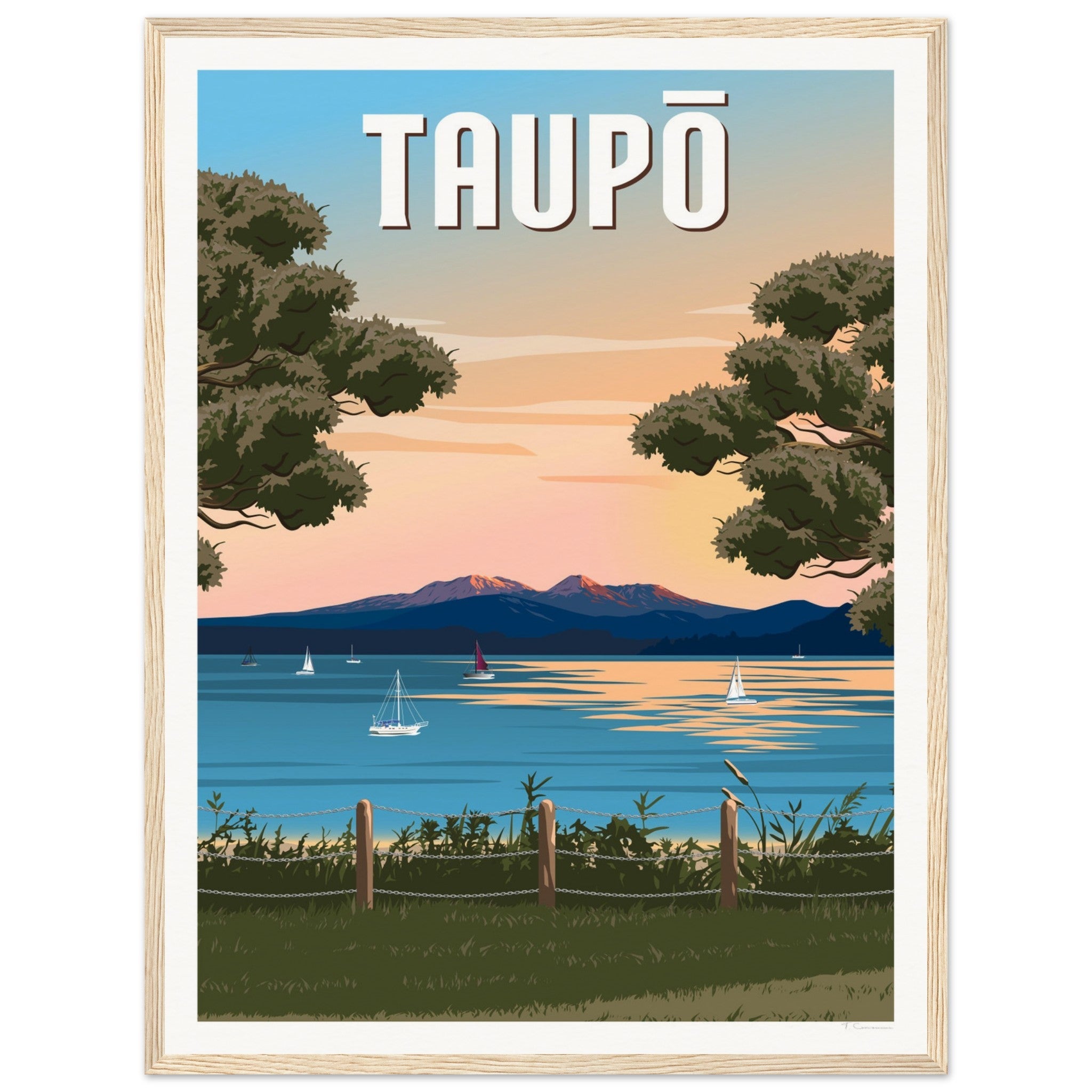 Taupō Sunset Peaks Travel Poster of New Zealand