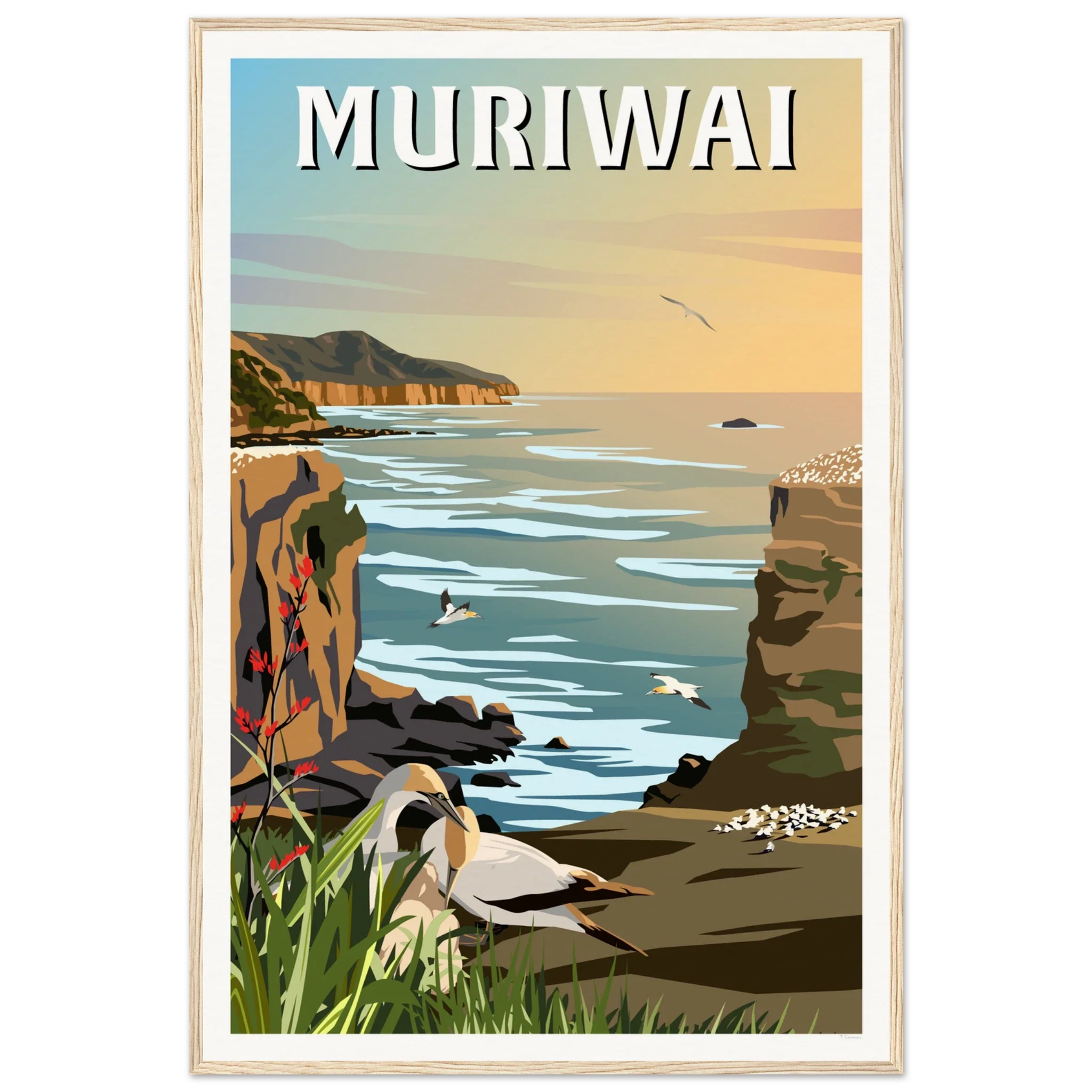 Muriwai Gannet Colony - Travel Poster of New Zealand
