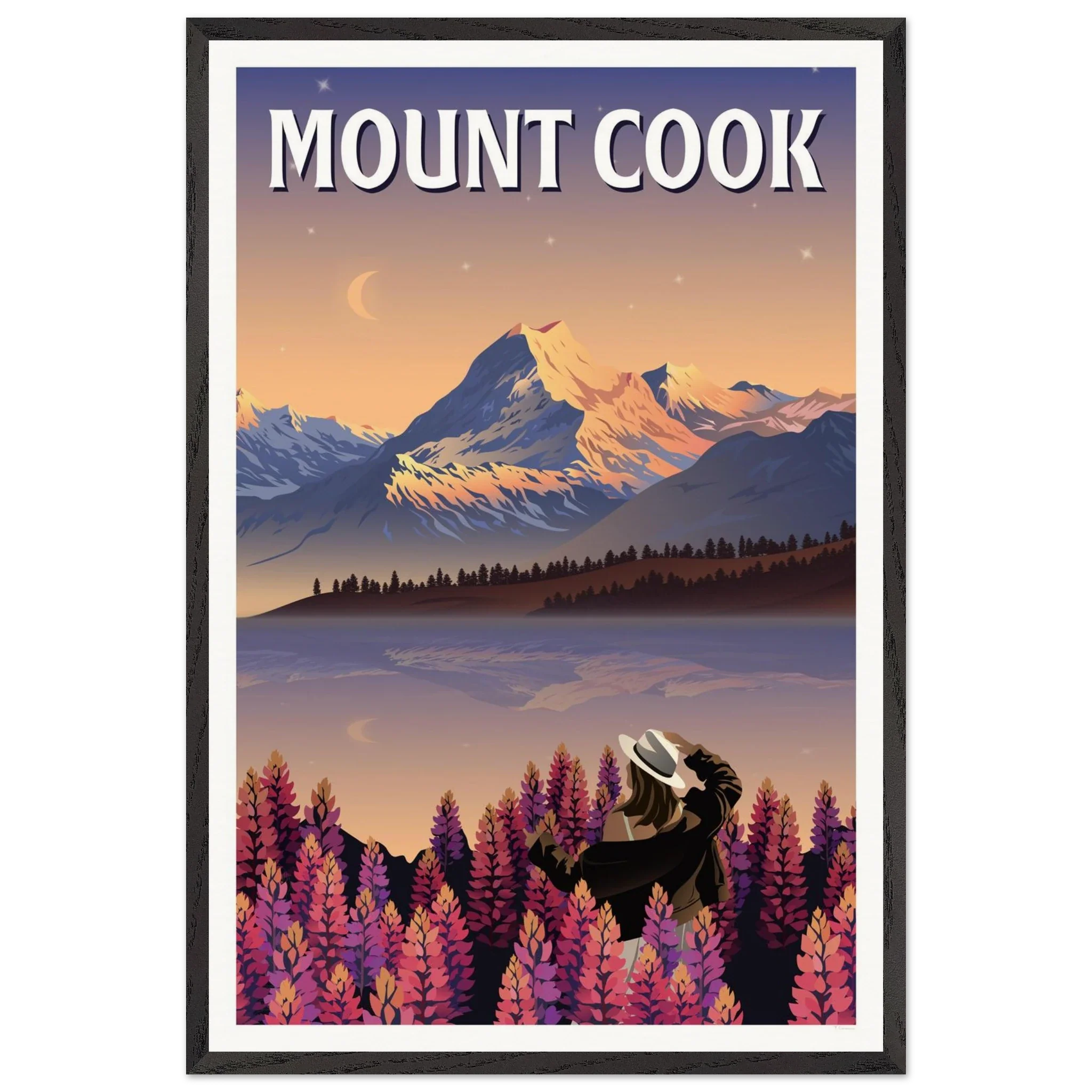 Mount Cook Lupins Travel Poster - Canterbury, New Zealand