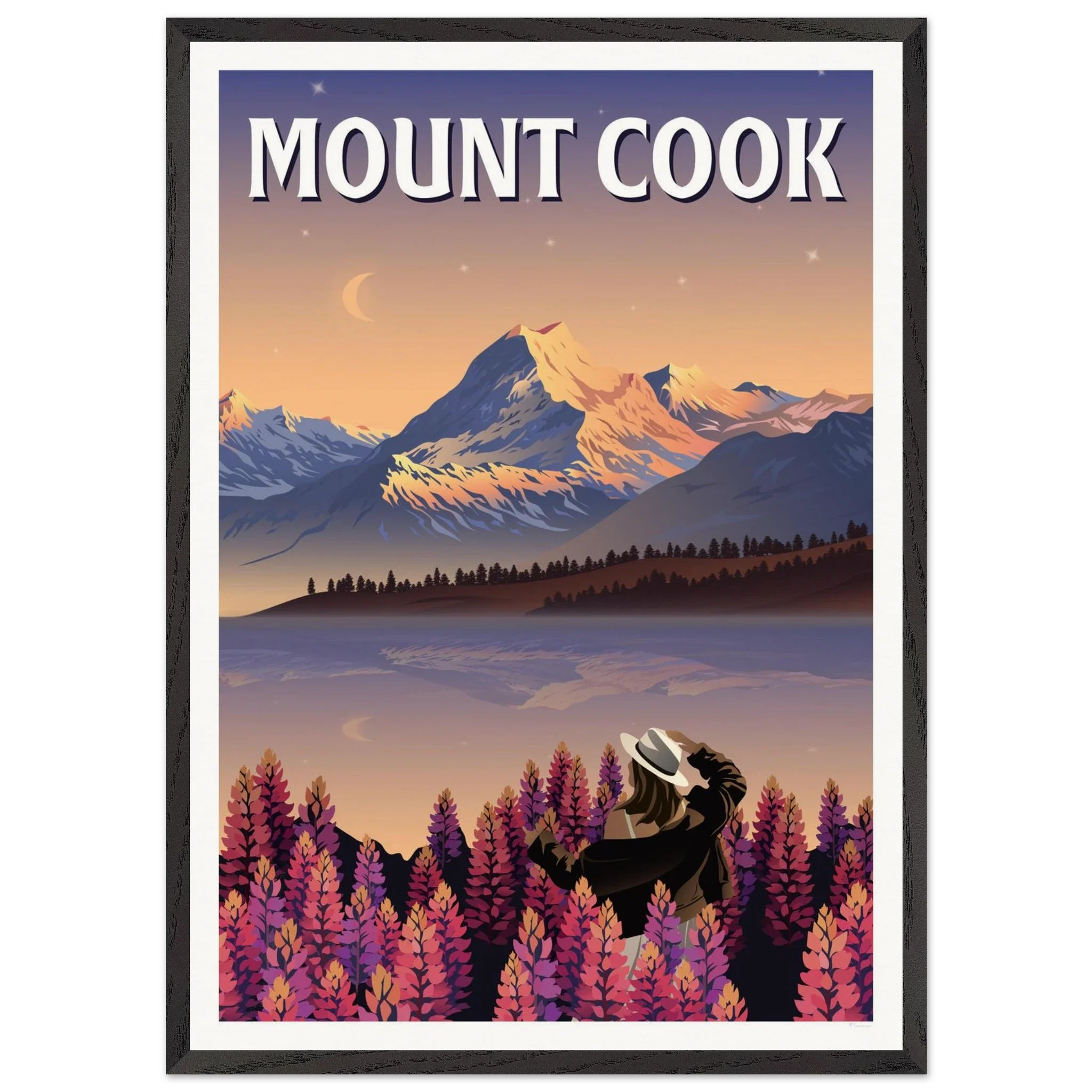 Mount Cook Lupins Travel Poster - Canterbury, New Zealand