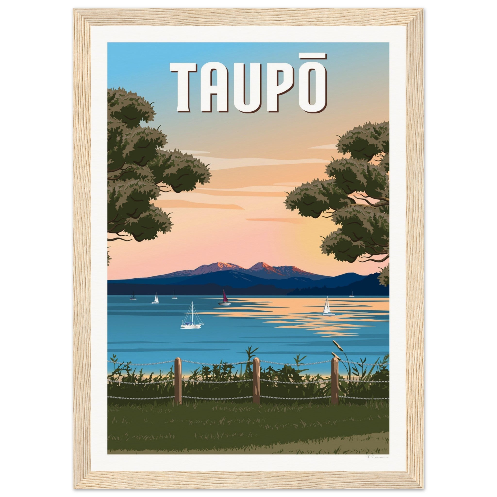 Taupō Sunset Peaks Travel Poster of New Zealand