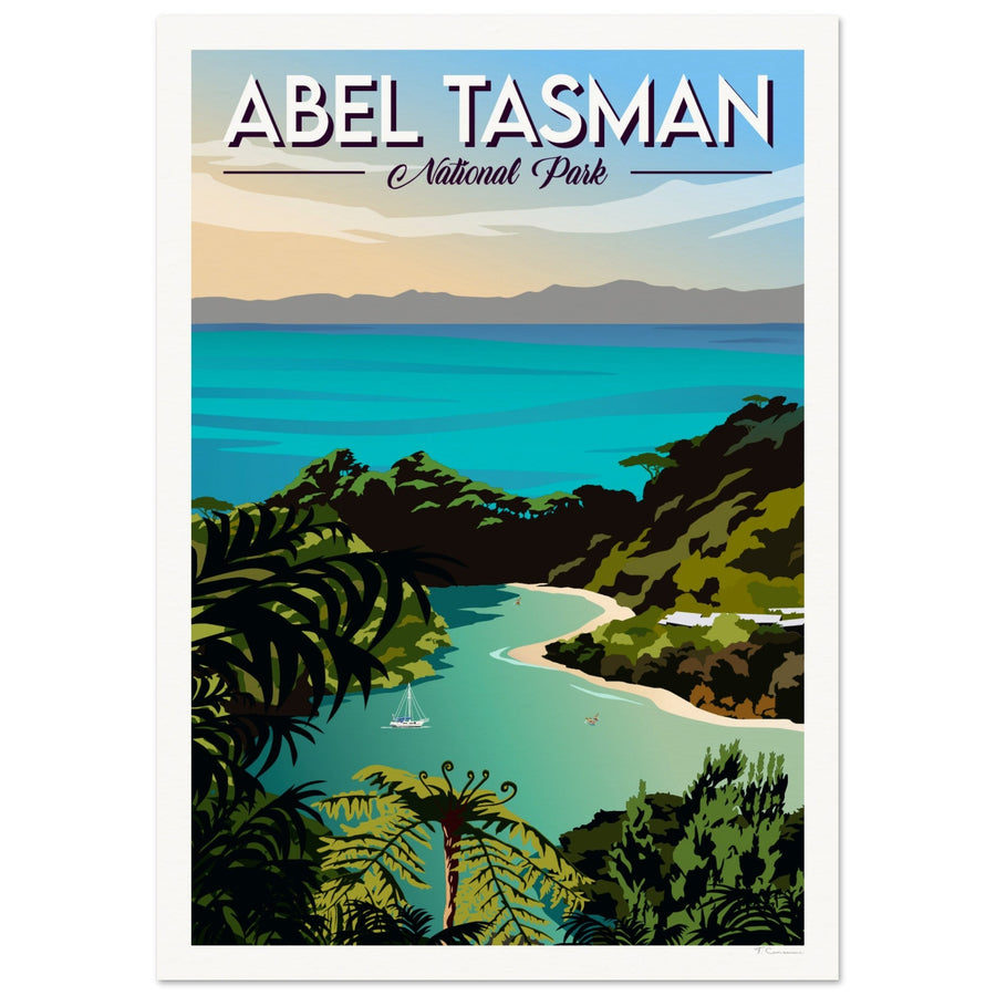 Poster of Abel Tasman National Park with a scenic view of a bay and mountains. Tiffany Consumi  - Viva Home - Artevo