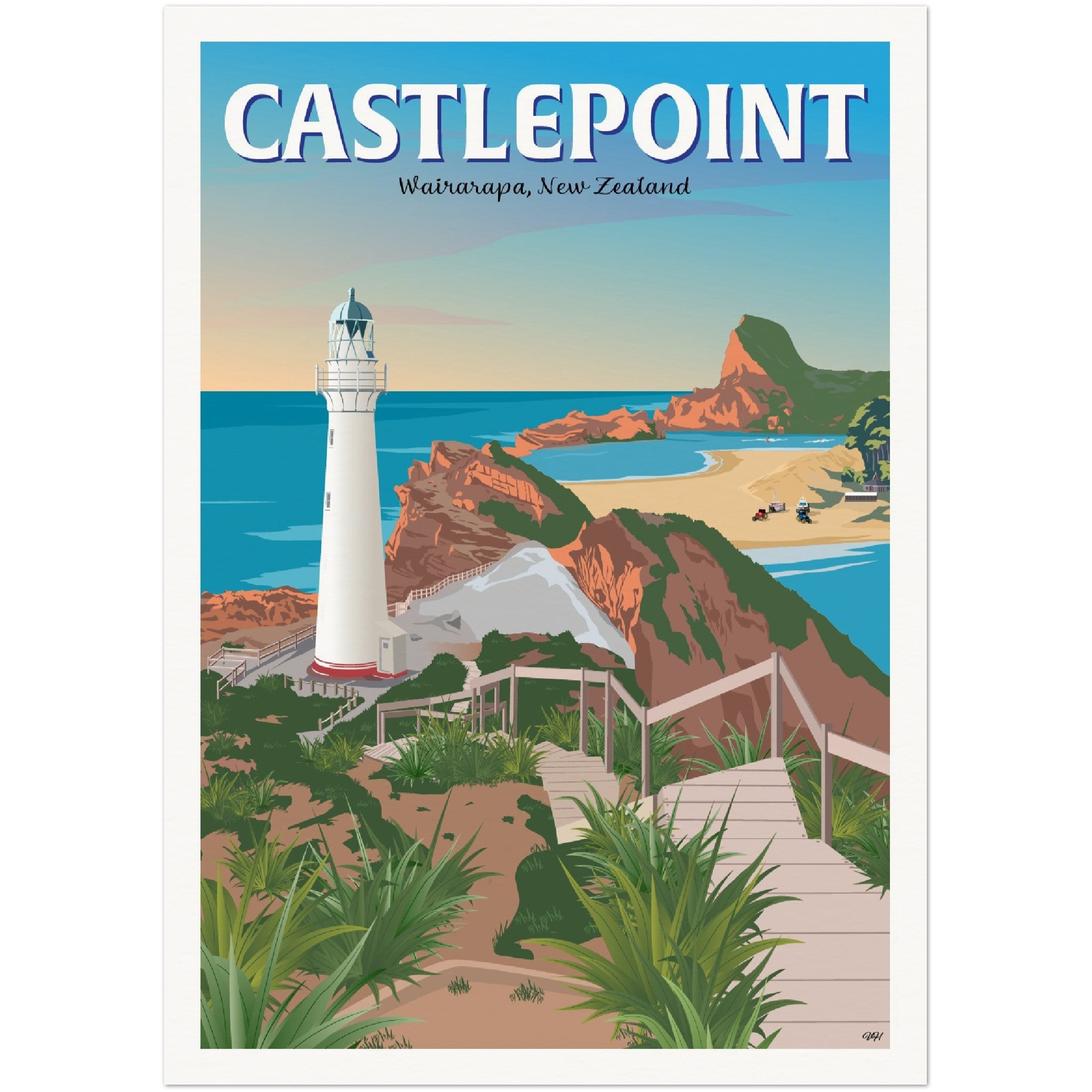 Vintage post of Castlepoint Lighthouse in Wairarapa, New Zealand - Artist Tiffany Consumi - Viva Home