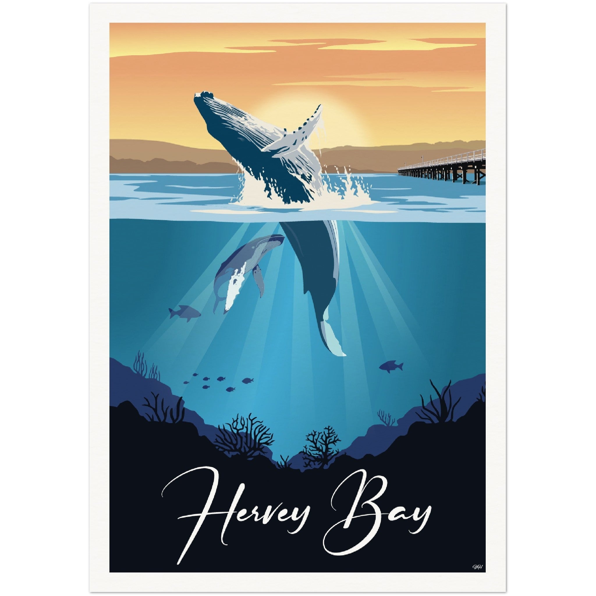 Travel Poster of whales in Hervey Bay wit- artist Tiffany consumi