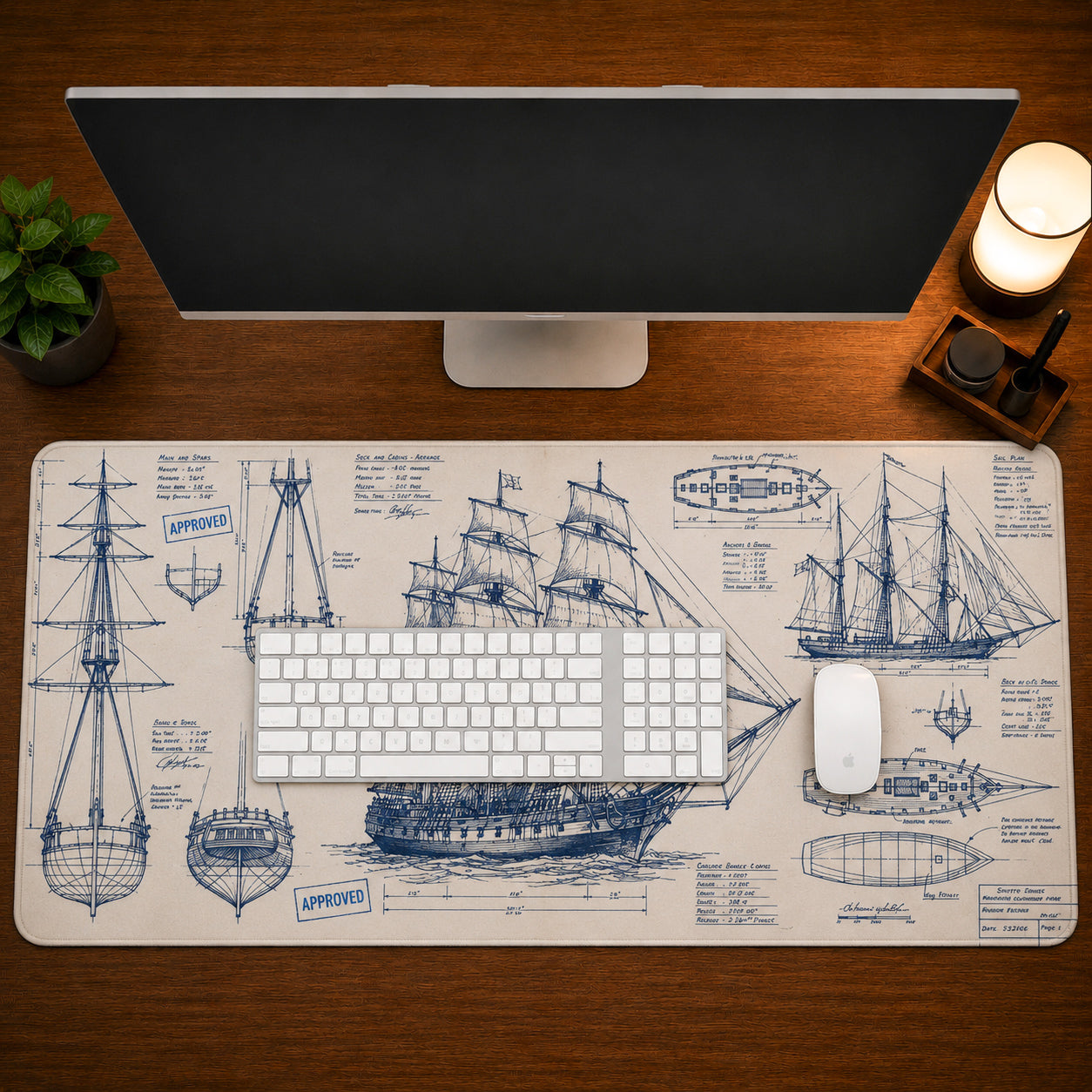 Sailing Ship Blueprint Desk Mat