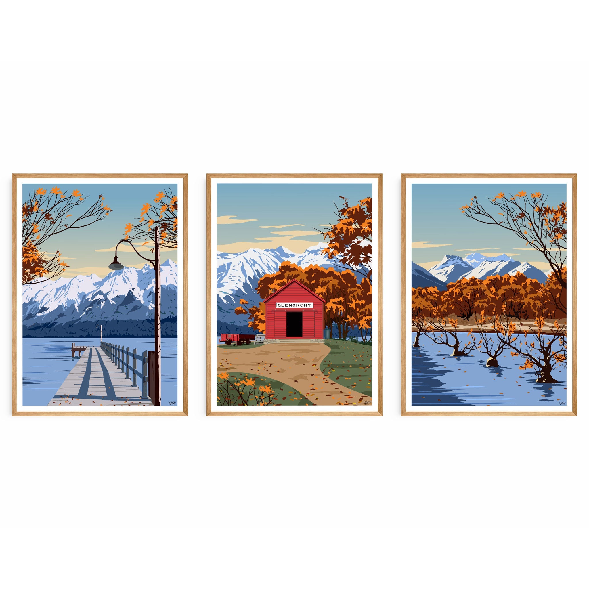 Travel Poster Triptych of Glenorchy New Zealand by Tiffany Consumi