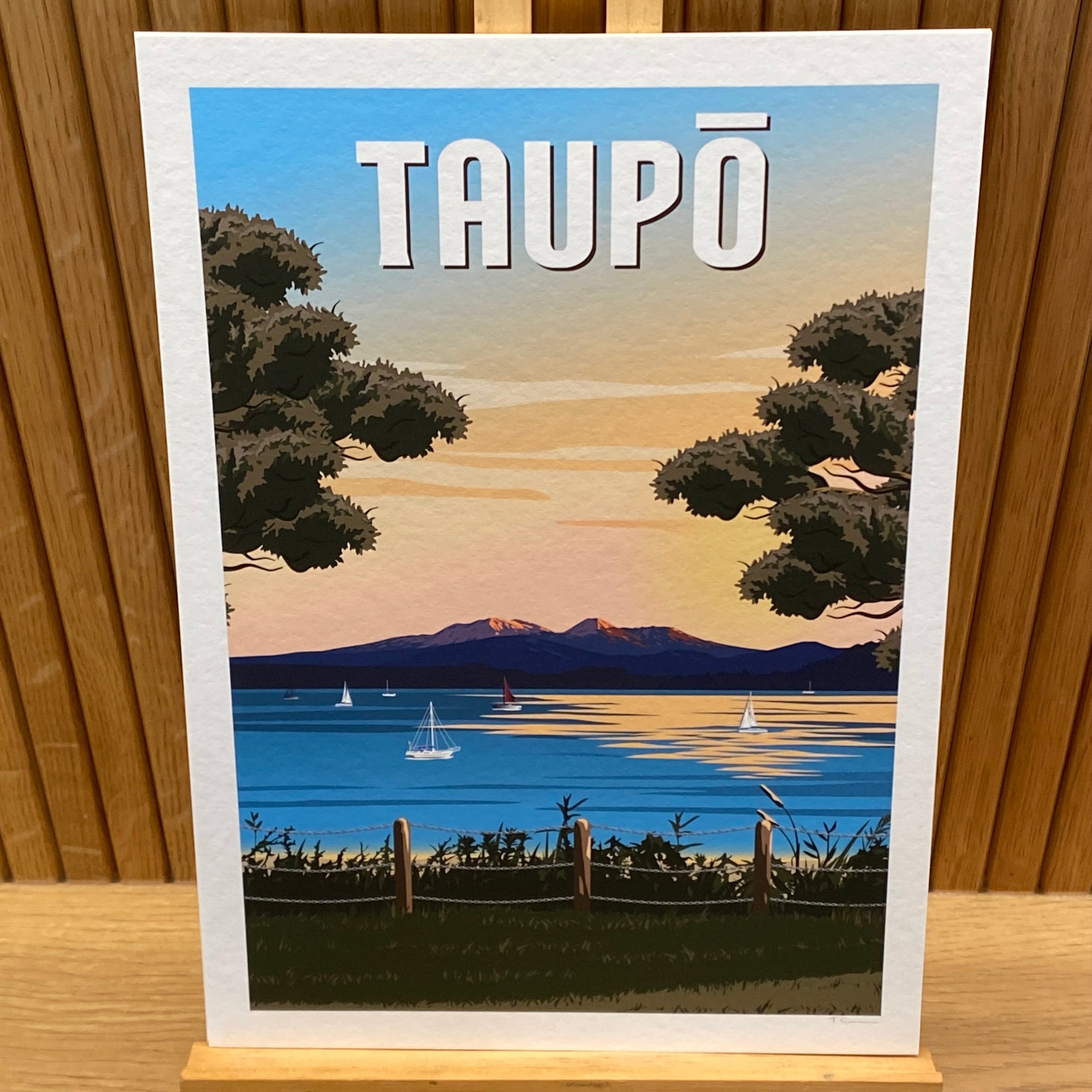 Taupō Sunset Peaks Travel Poster of New Zealand