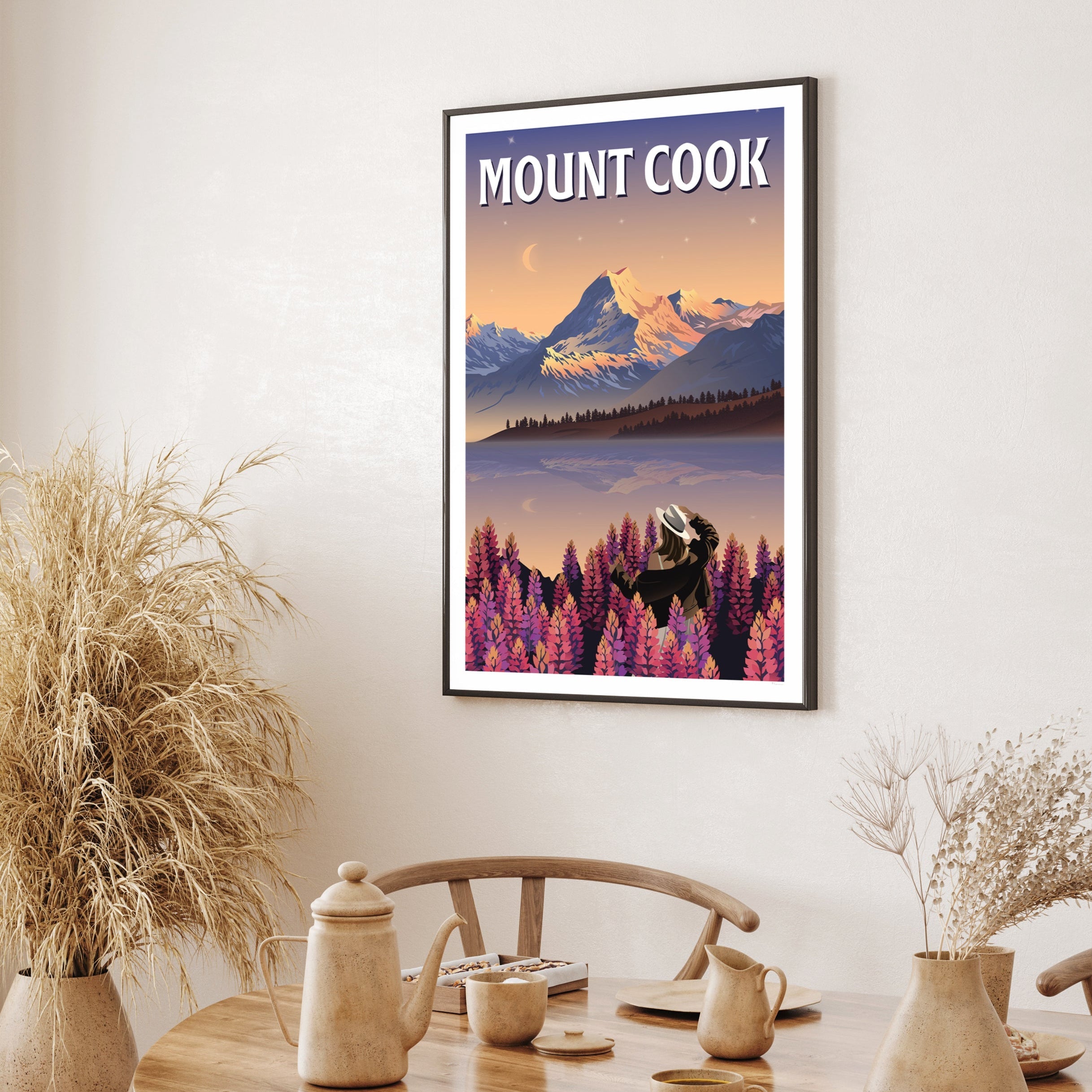 Mount Cook Lupins Travel Poster - Canterbury, New Zealand