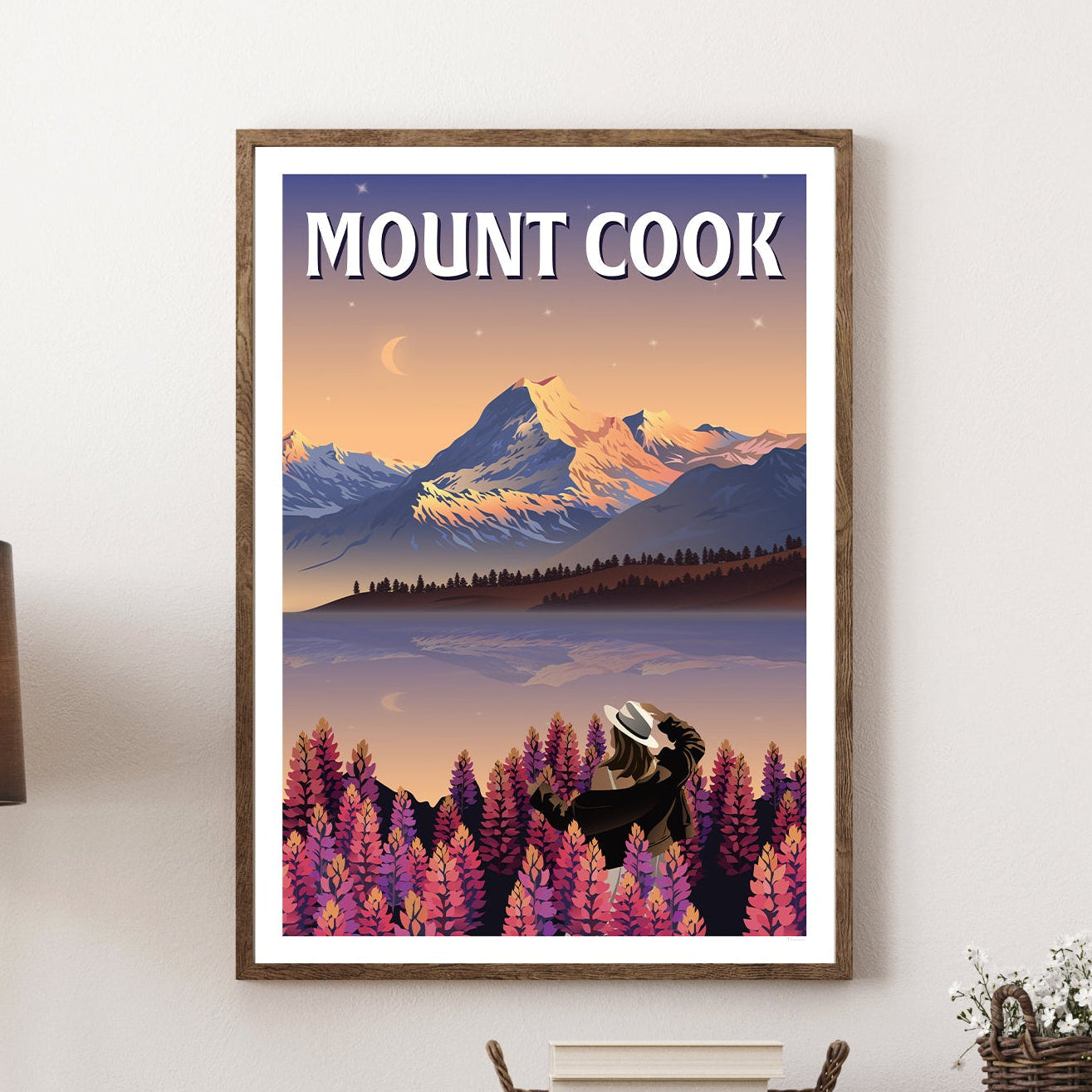 Mount Cook Lupins Travel Poster - Canterbury, New Zealand