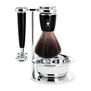 Shaving brush and safety razor with chrome stand and bowl - Muhle synthetic bristle