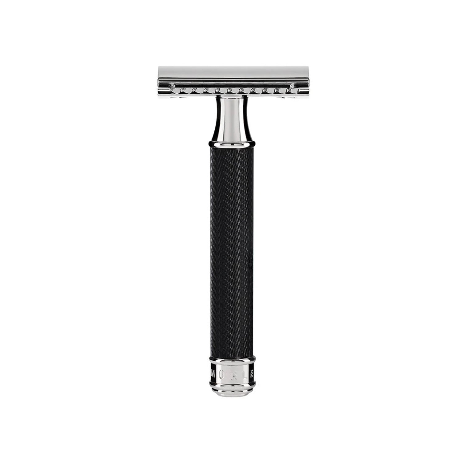 R89 Safety razor with black textured handle and silver metal blade - Muhle