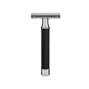 R89 Safety razor with black textured handle and silver metal blade - Muhle