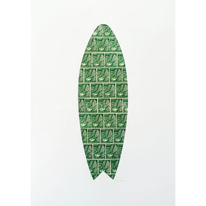 print of surf board made from vintage New Zealand postage stamps - Artist Rana Odell