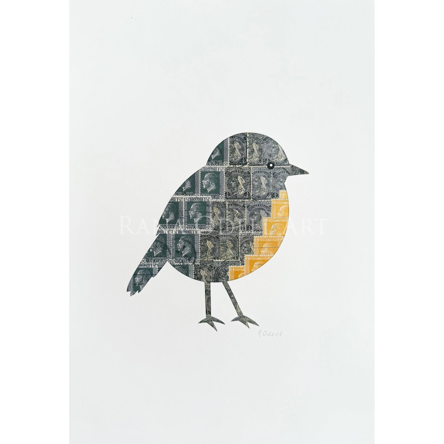 print of NZ South Island Robin  made from vintage New Zealand postage stamps - Artist Rana Odell