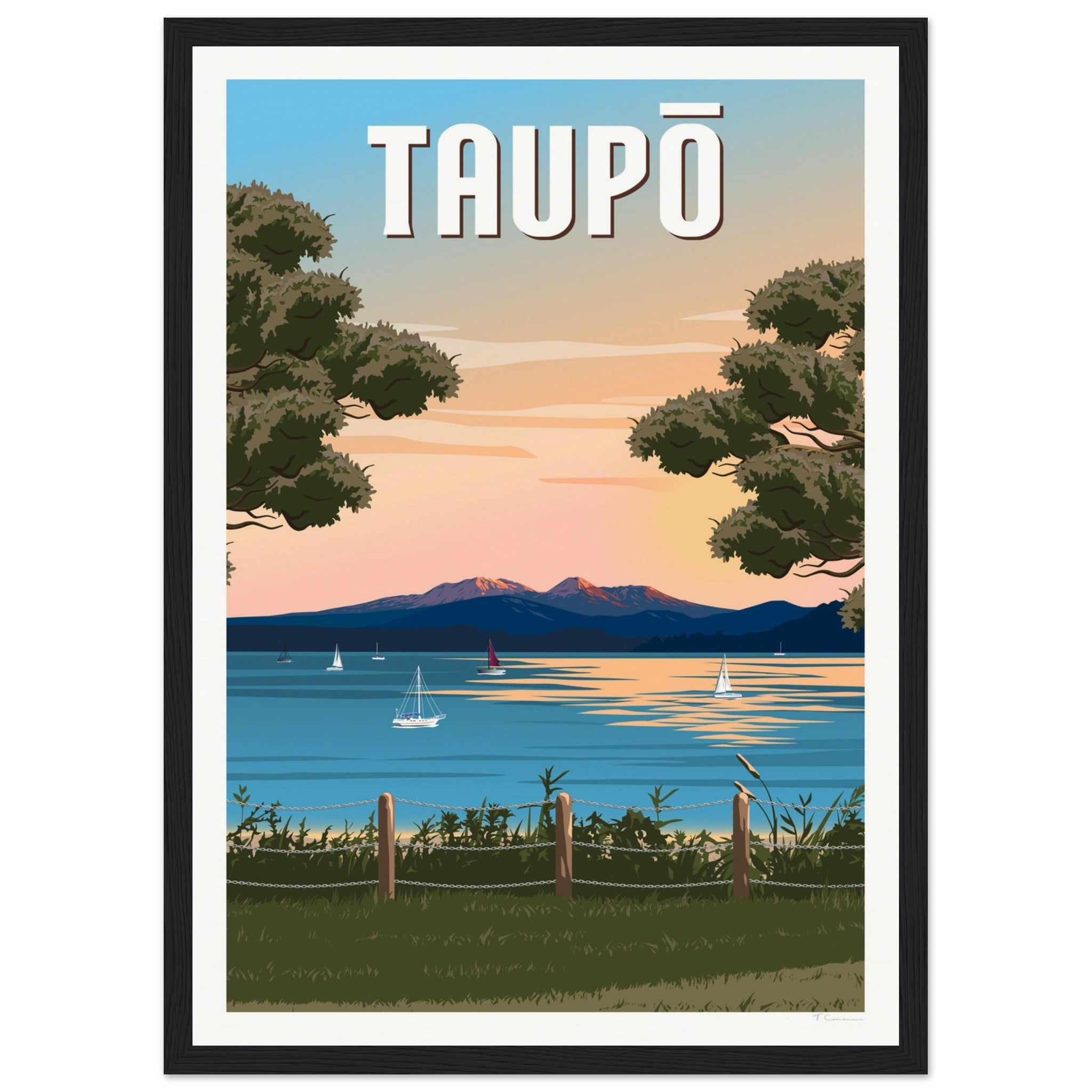 Taupō Sunset Peaks Travel Poster of New Zealand