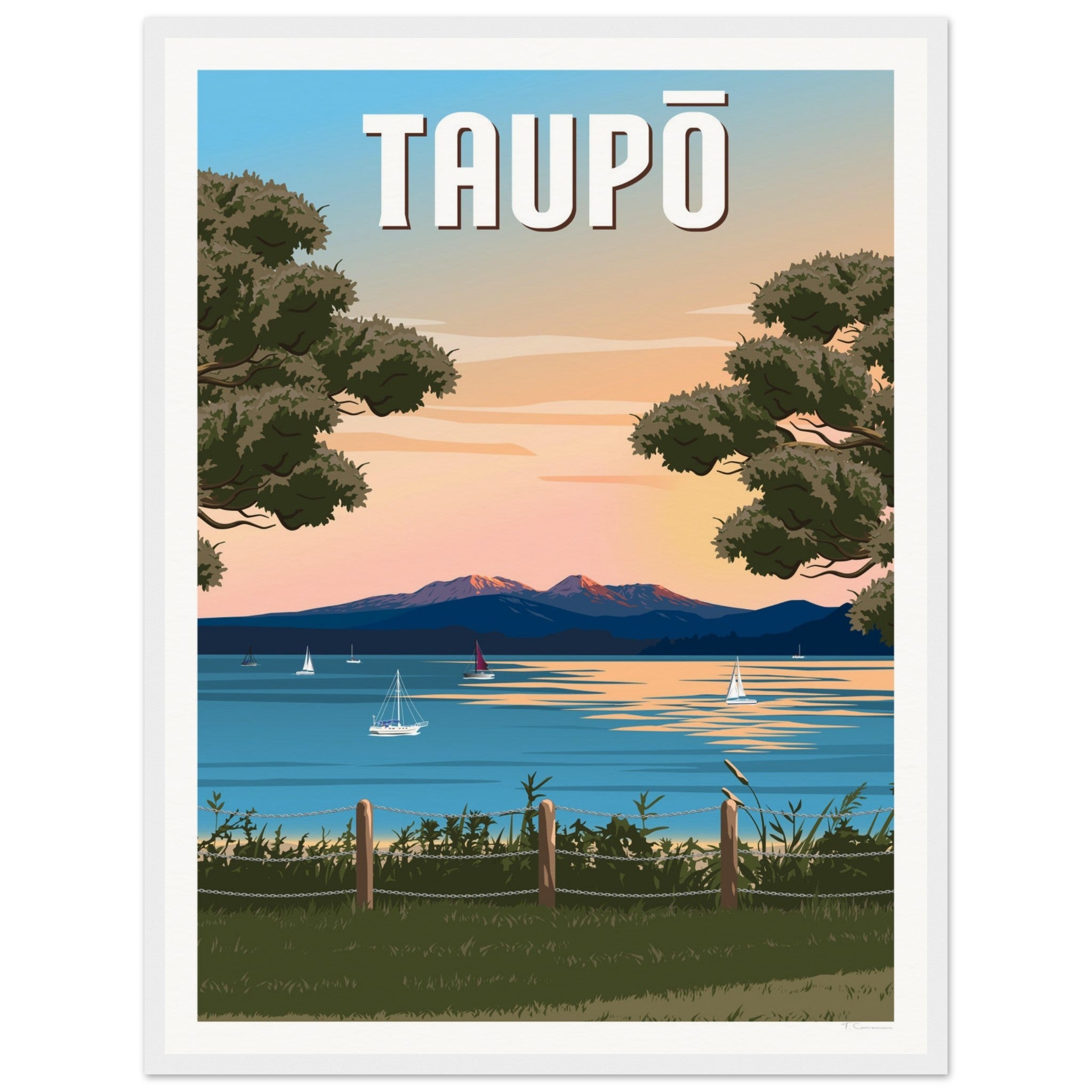 Taupō Sunset Peaks Travel Poster of New Zealand