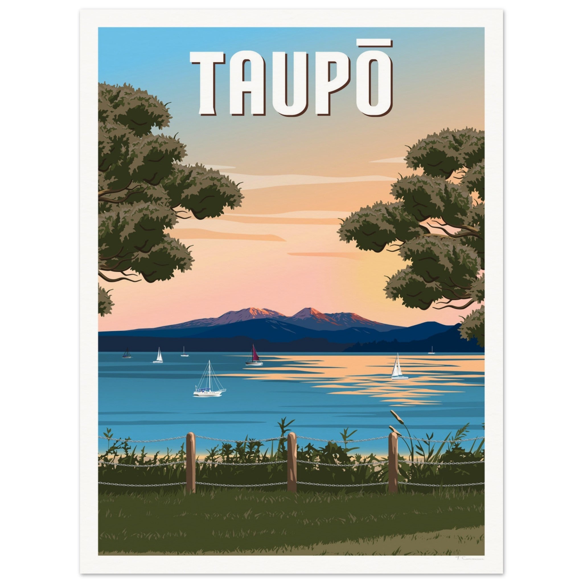 Taupō Sunset Peaks Travel Poster of New Zealand