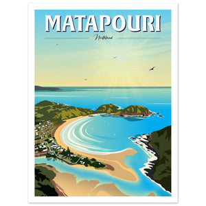 Vintage-style travel poster for Matapouri Bay in New Zealand | Tiffany Consumi