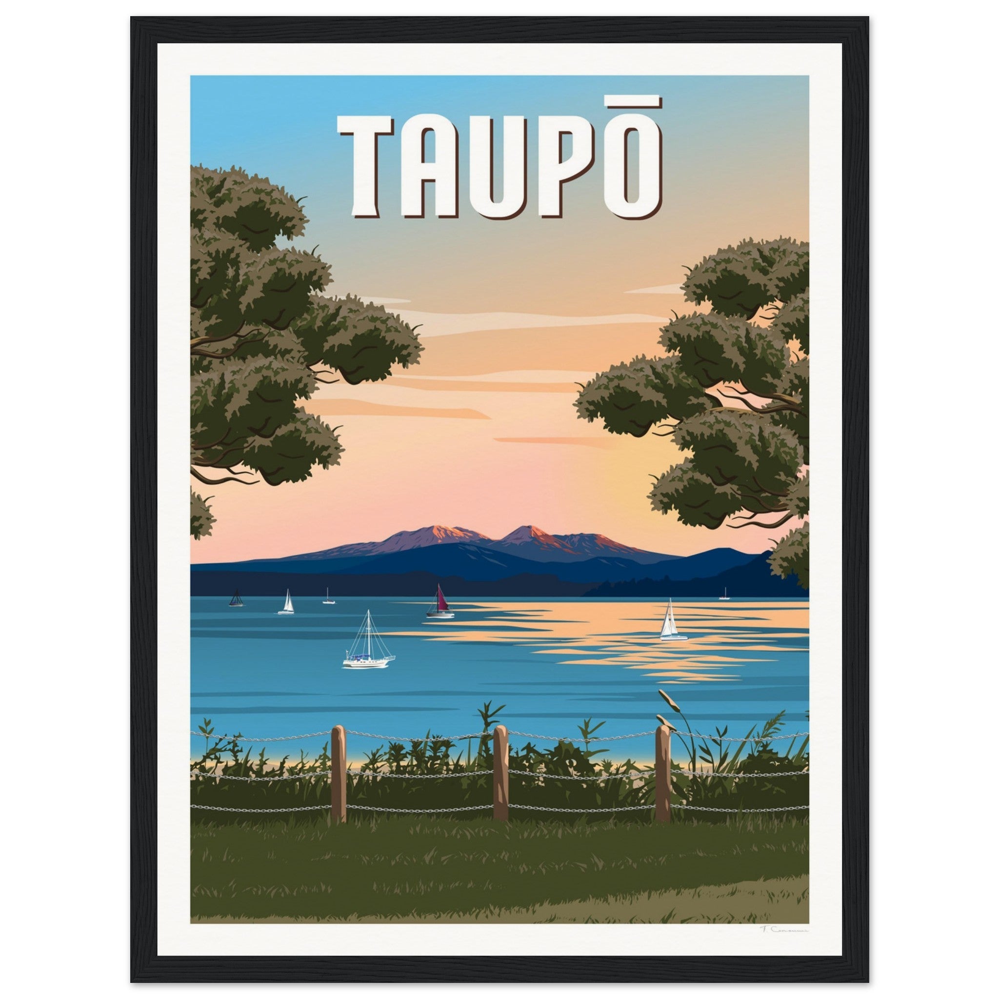 Taupō Sunset Peaks Travel Poster of New Zealand