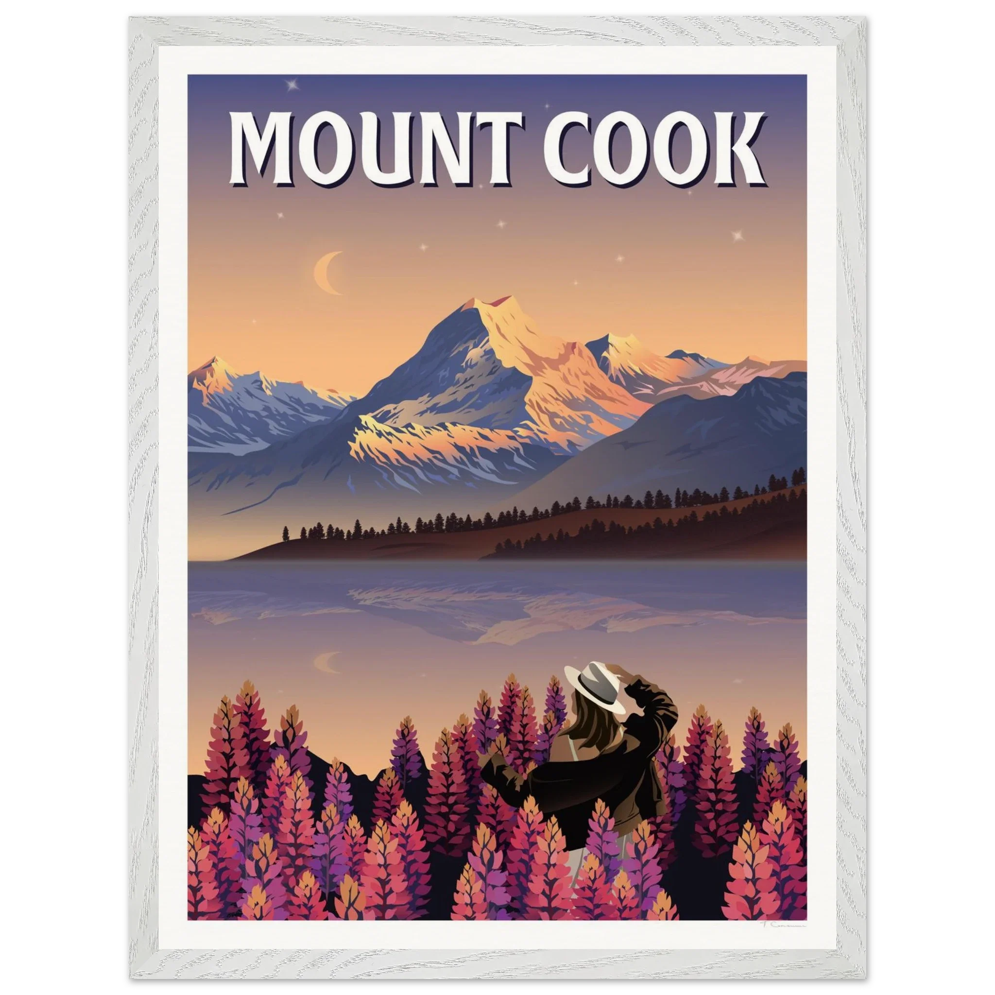 Mount Cook Lupins Travel Poster - Canterbury, New Zealand