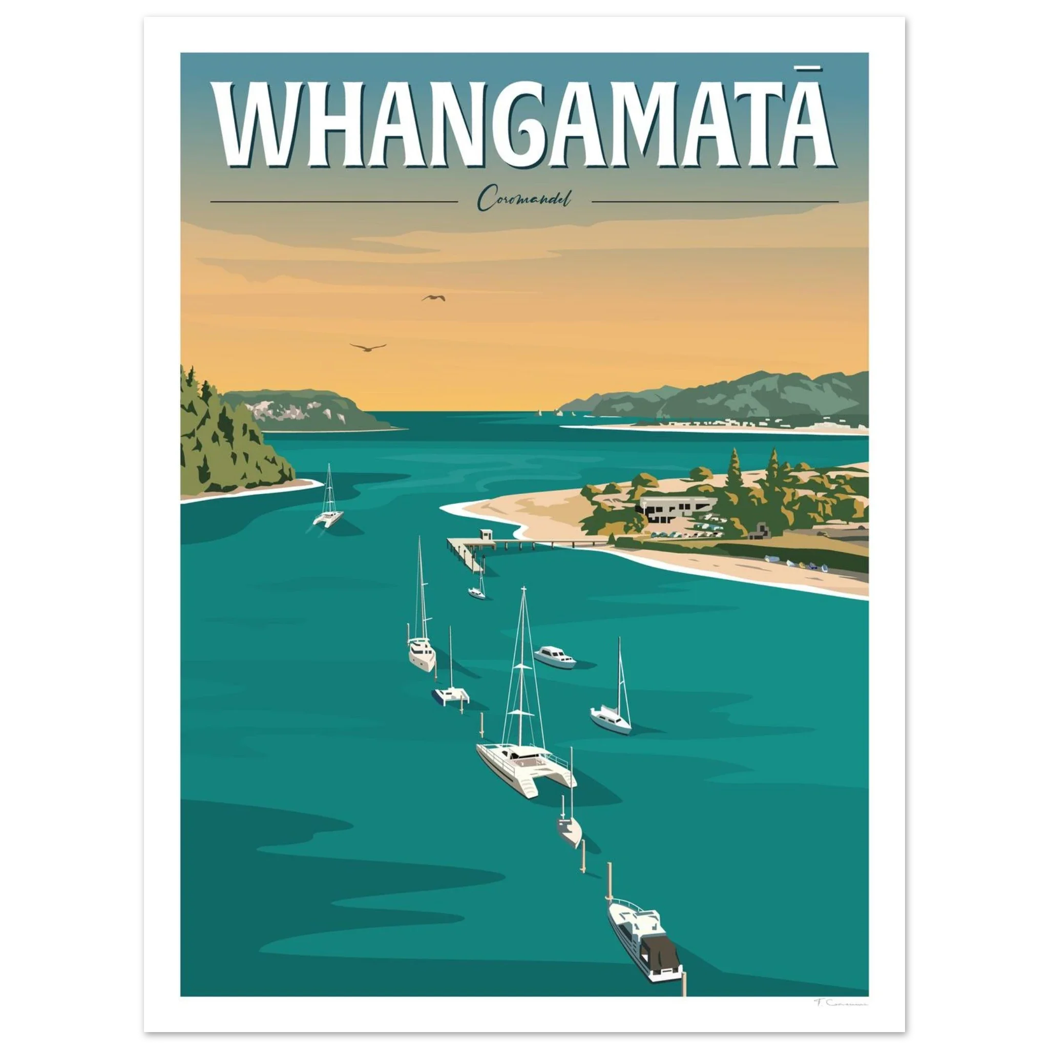 Vintage-style travel poster of Whangamata, Coromandel, New Zealand | Tiffany Consumi