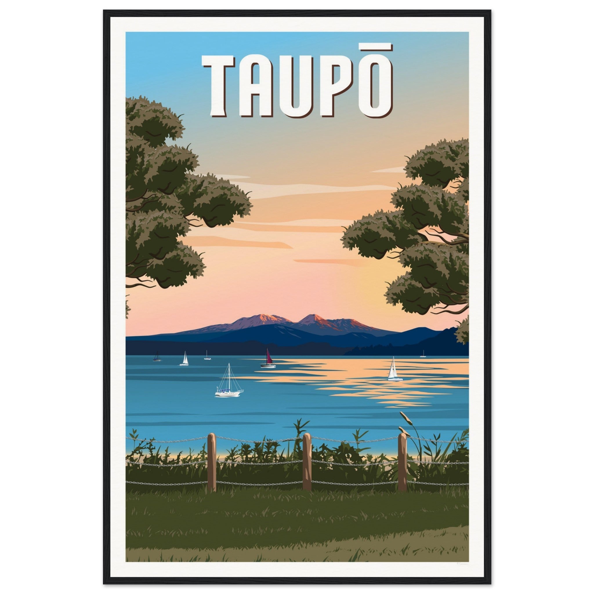 Taupō Sunset Peaks Travel Poster of New Zealand