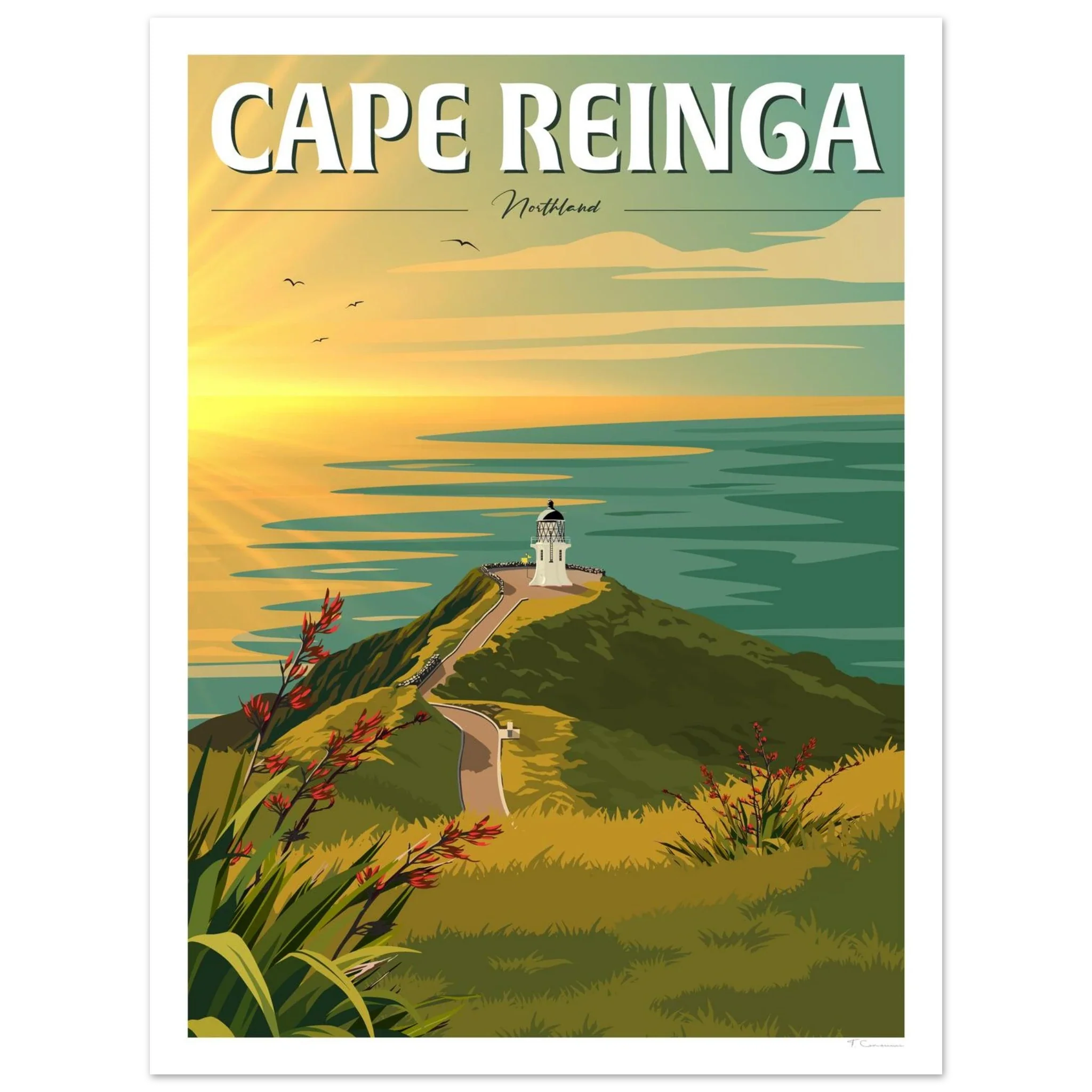 Vintage-style travel poster for Cape Reinga, Northern New Zealand | Tiffany Consumi