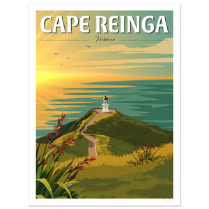 Vintage-style travel poster for Cape Reinga, Northern New Zealand | Tiffany Consumi