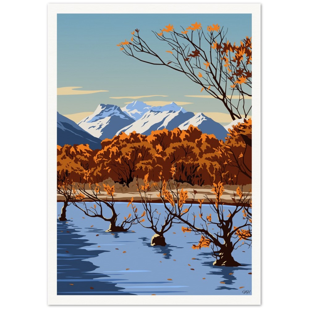 Vintage travel poster of Glenorchy New Zealand by Tiffany Consumi