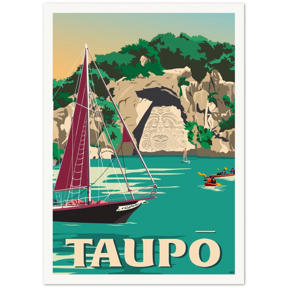 poster of sailing yacht on lake Taupo New Zealand with Ngātoroirangi Rock - artist Tiffany Consumi - Viva Home
